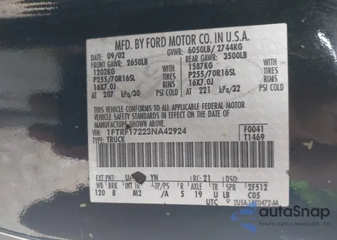 2003 Ford F-150 Xl/Xlt z USA, uszkodzony, nr VIN 1FTRF17223NA42924